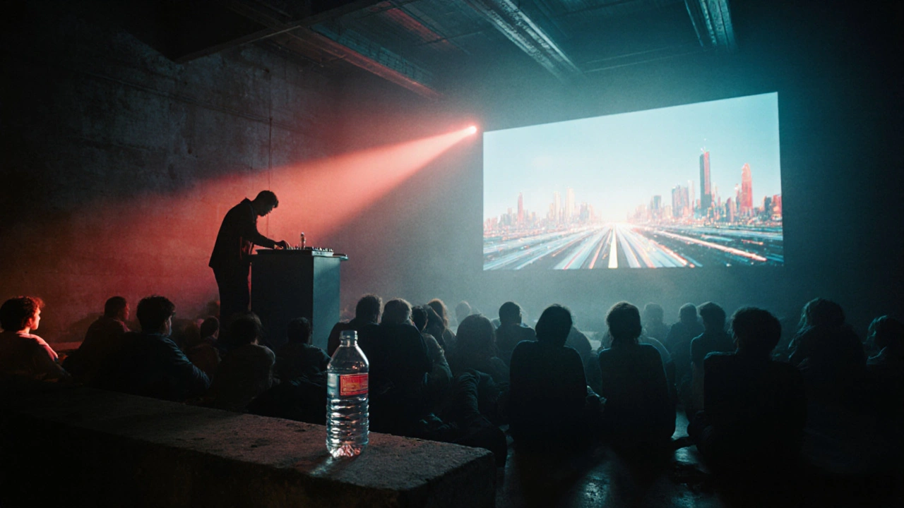 People watching a cult film on a warehouse wall while a DJ plays live vinyl.