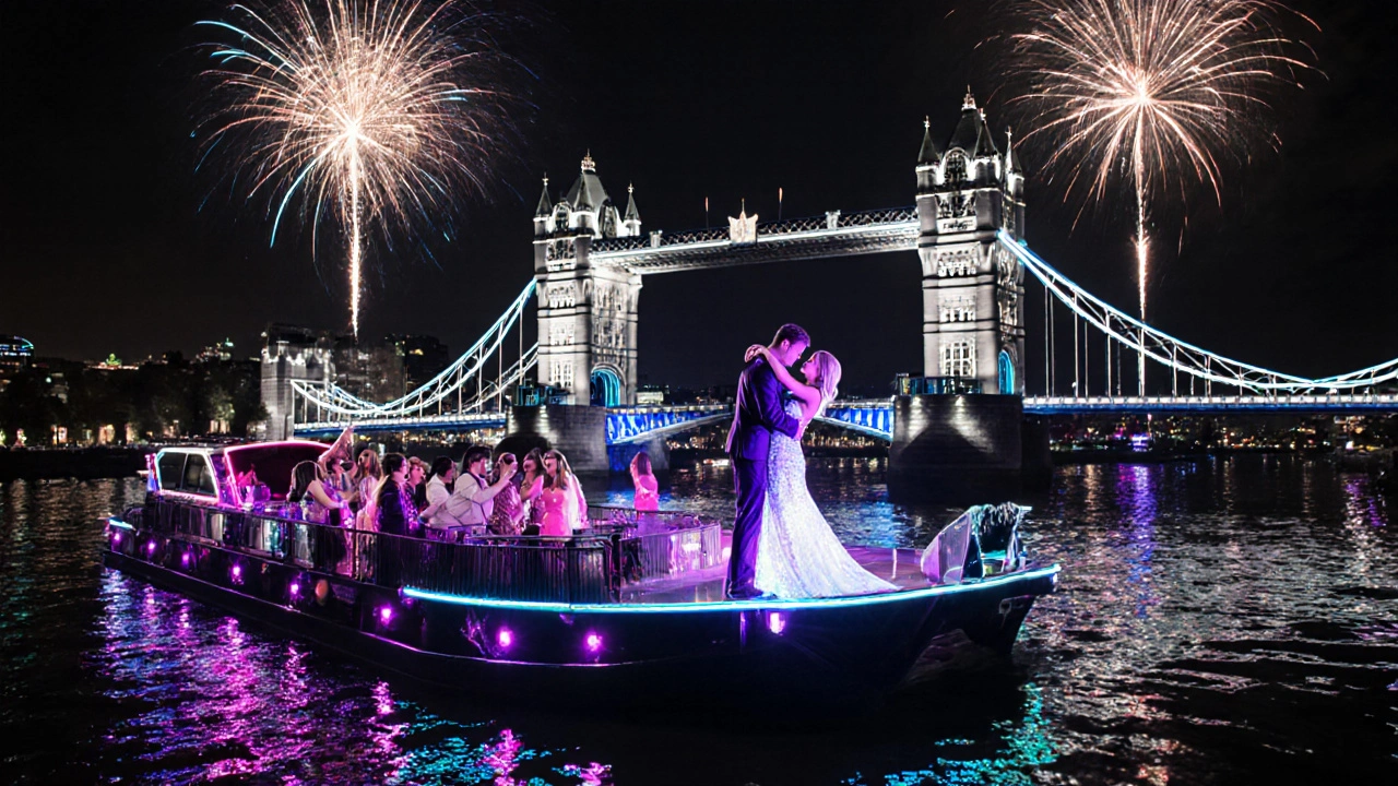 Proposal under Tower Bridge with glowing lights and fireworks on a private boat.