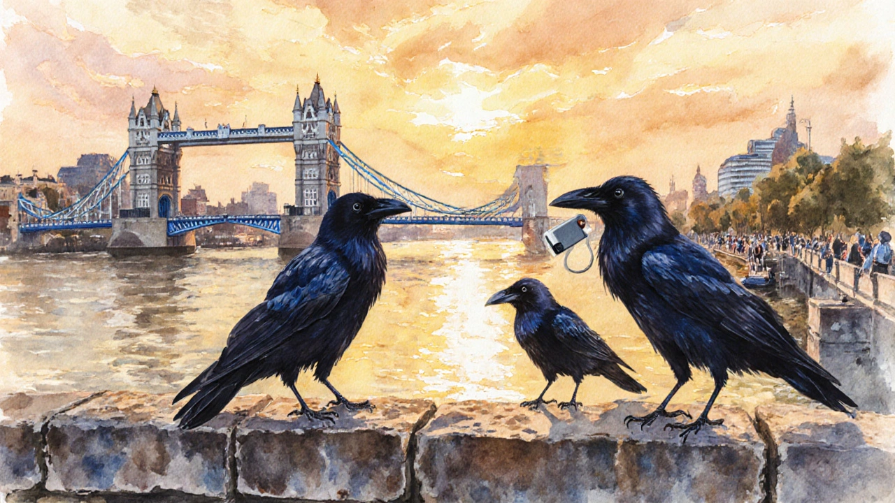 Ravens perched on the Tower&#039;s ancient stone walls at sunset, one holding a shiny object, Thames glimmering behind.