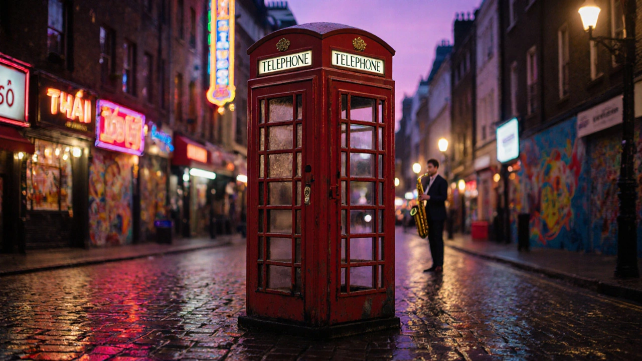 Red phone box in Soho surrounded by neon signs and street art under twilight lighting.