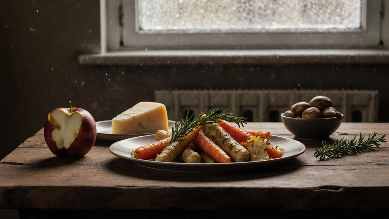 Rustic kitchen table with roasted root vegetables, apple, cheddar, and wild mushrooms in soft winter light.