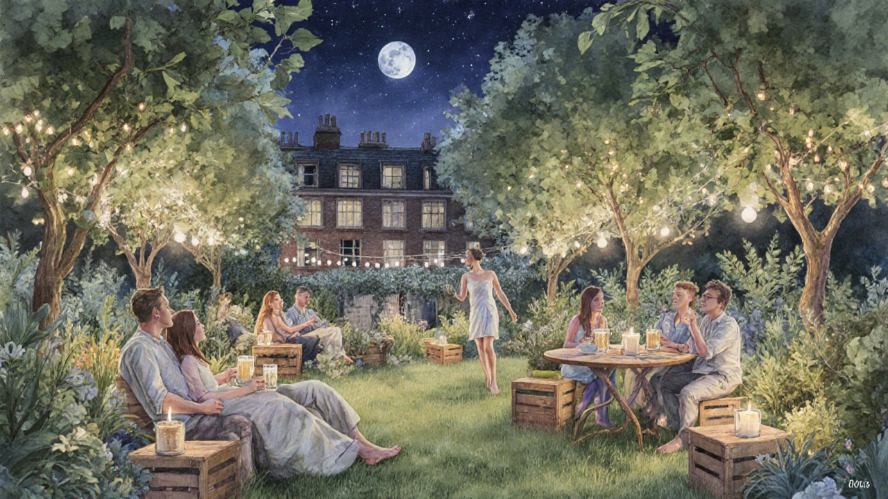 Serene garden area with fairy lights, candles, and people dancing under the stars.