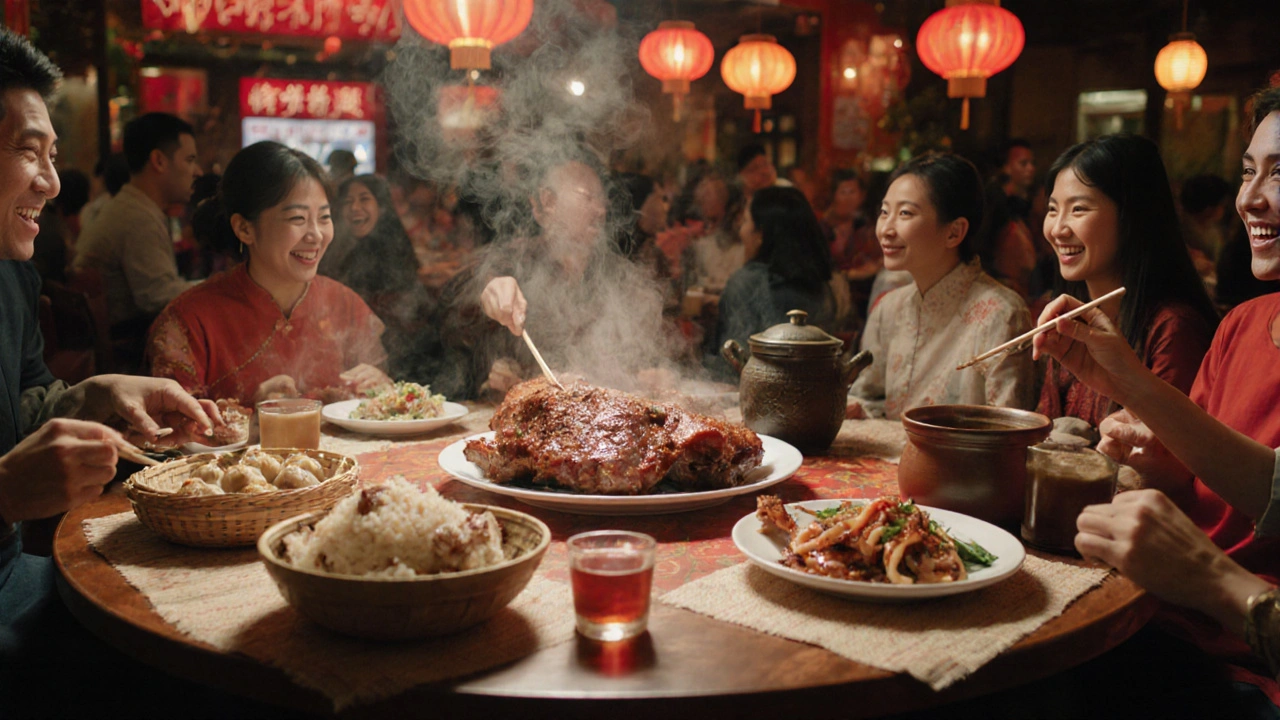 Shared Chinese banquet with duck, soup dumplings, and clay pot rice on a round table.