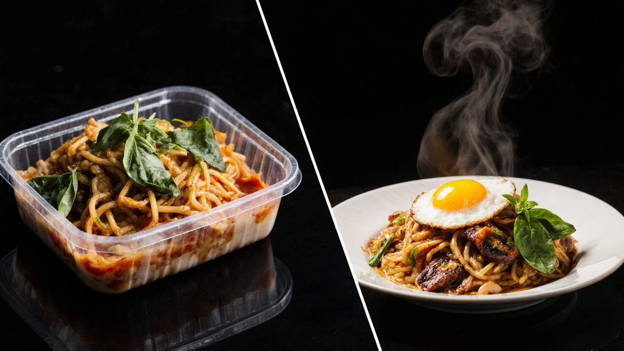 Side-by-side comparison: dull takeaway pad thai vs. vibrant, smoky Pad Kra Pao from a wok.