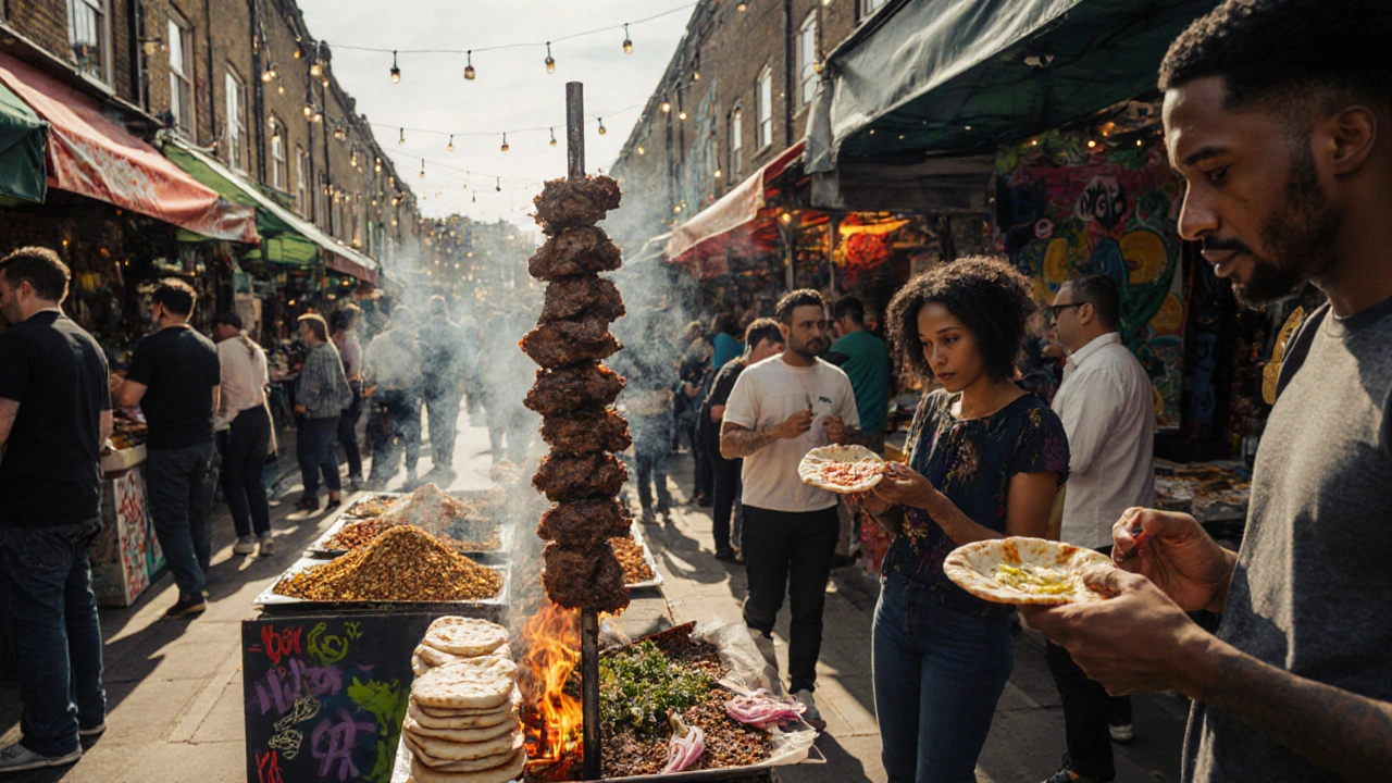 Sizzling lamb kebabs being wrapped in flatbread at a vibrant Brixton Market food stall.