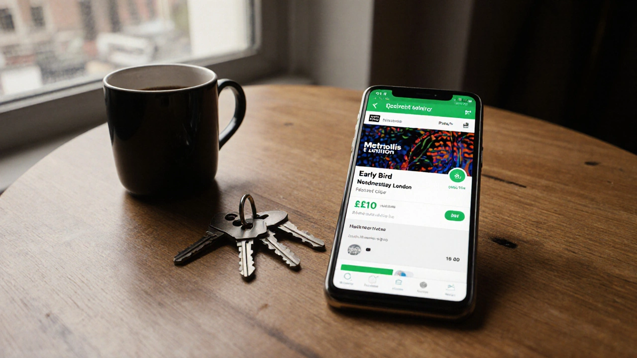 Smartphone showing £18 early bird ticket for Metropolis London next to morning coffee and keys.
