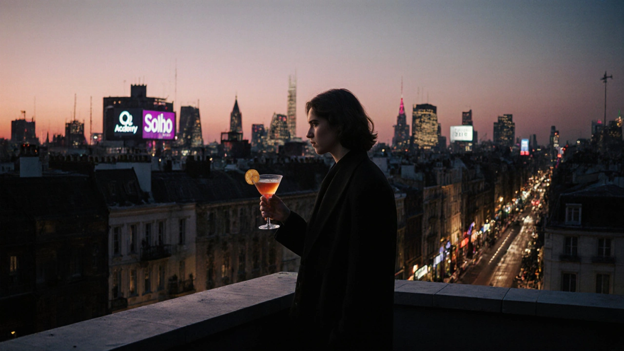 Solo figure on Mayfair rooftop at dawn, city lights fading as sunrise begins.