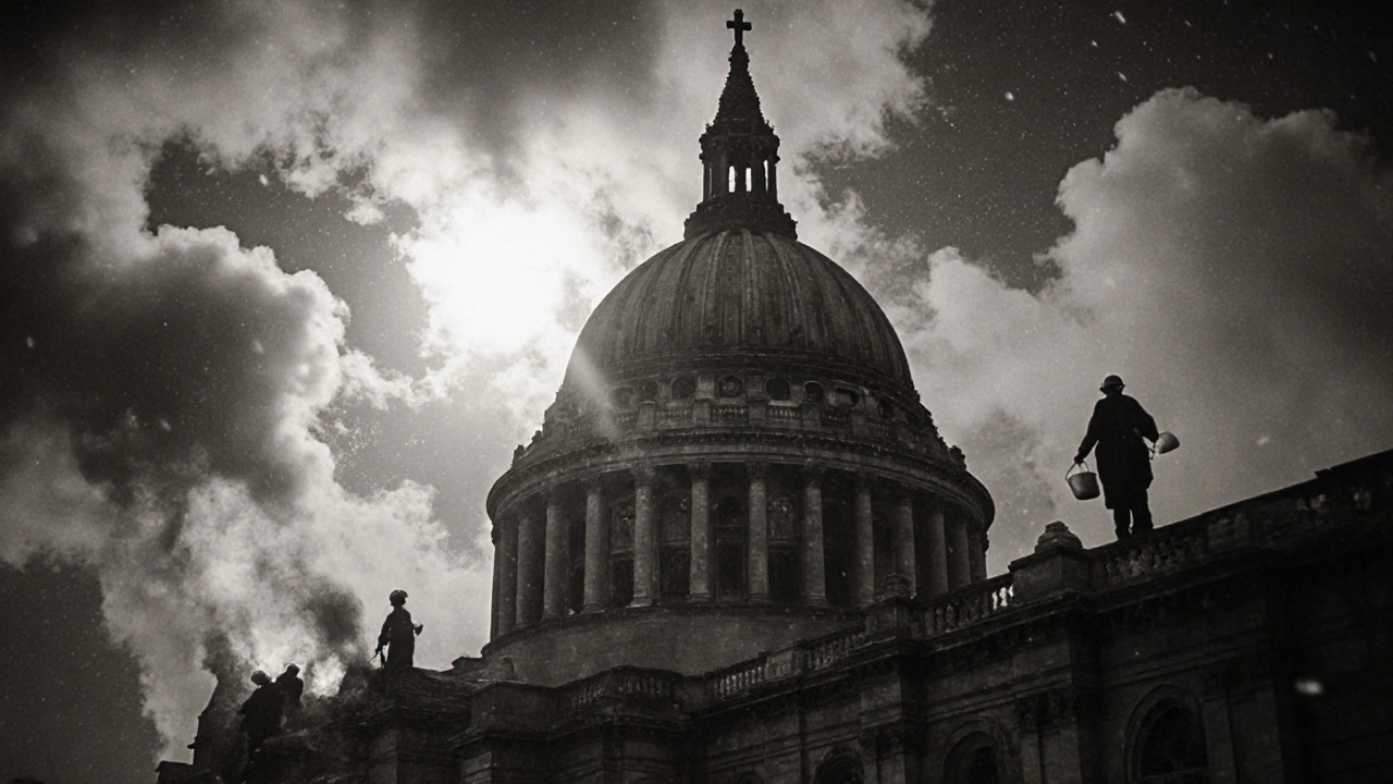 St. Paul’s Cathedral during the Blitz, surrounded by smoke and fire, its dome standing strong.