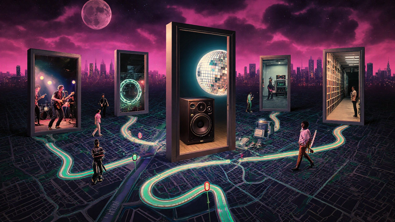 Surreal labyrinth of London nightlife venues connected by sound waves, each leading to a different music scene.