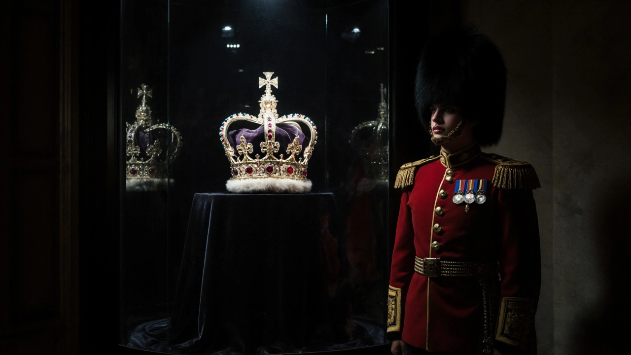 The Crown Jewels under spotlight in the Jewel House, guarded by a Beefeater in dark, dramatic lighting.