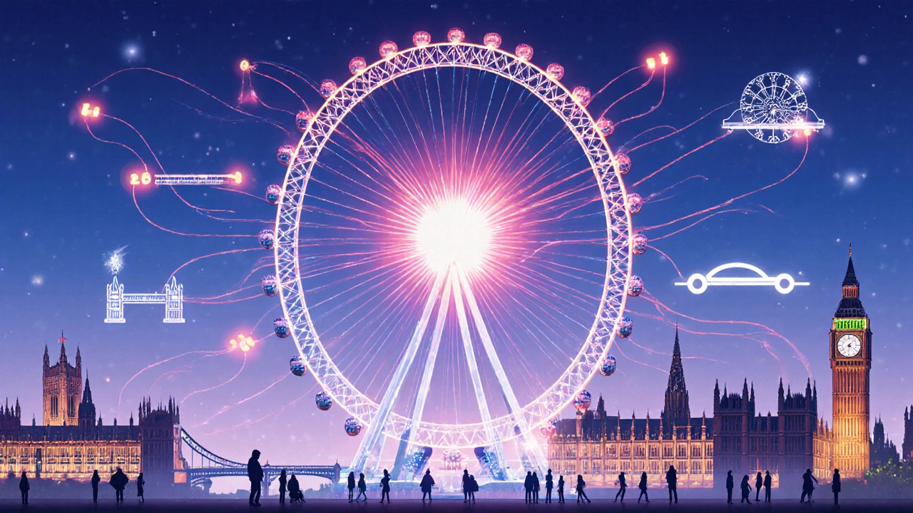 The London Eye as a symbolic heartbeat, with glowing lines connecting it to iconic London landmarks at twilight.