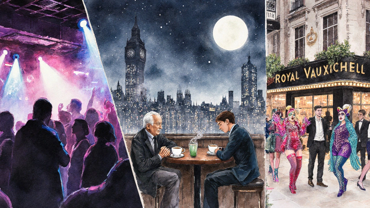 Three nightlife scenes blended: a rave, a quiet café, and a drag show under a moonlit sky.