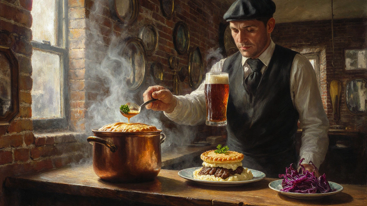 Traditional pie and mash with parsley liquor, served in a historic East London eatery.