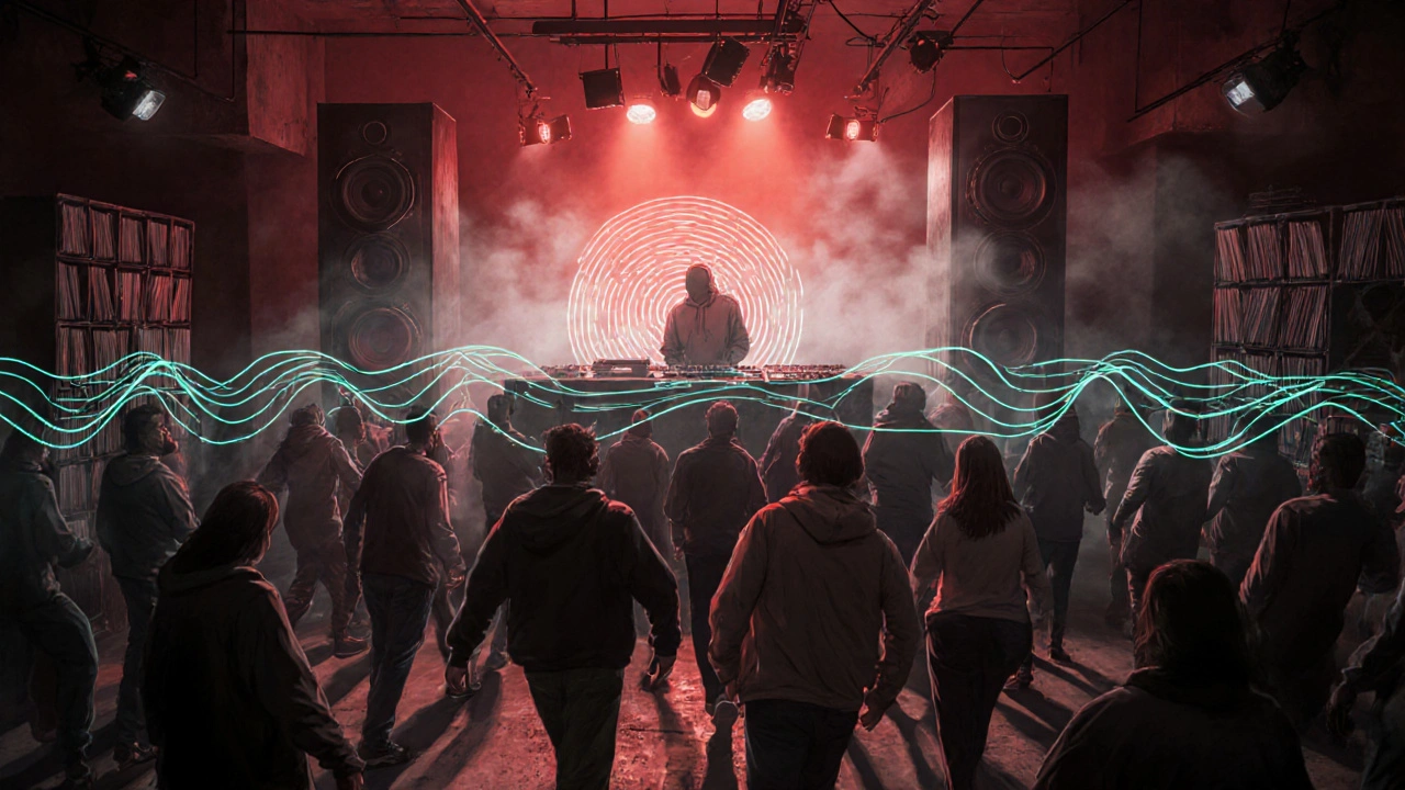 Underground techno crowd in dim red light, bass waves ripple through foggy warehouse space.