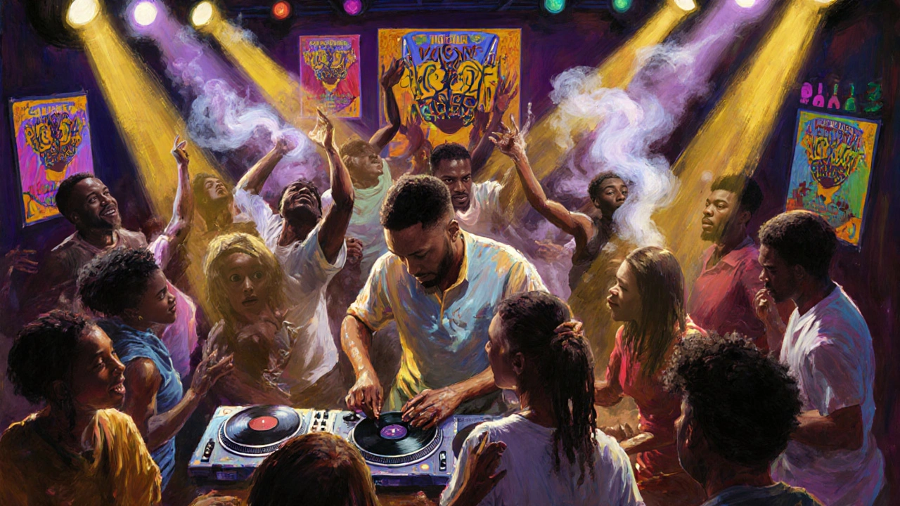 Vibrant dance floor in Peckham with crowd moving to Afrobeat music under colored lights.