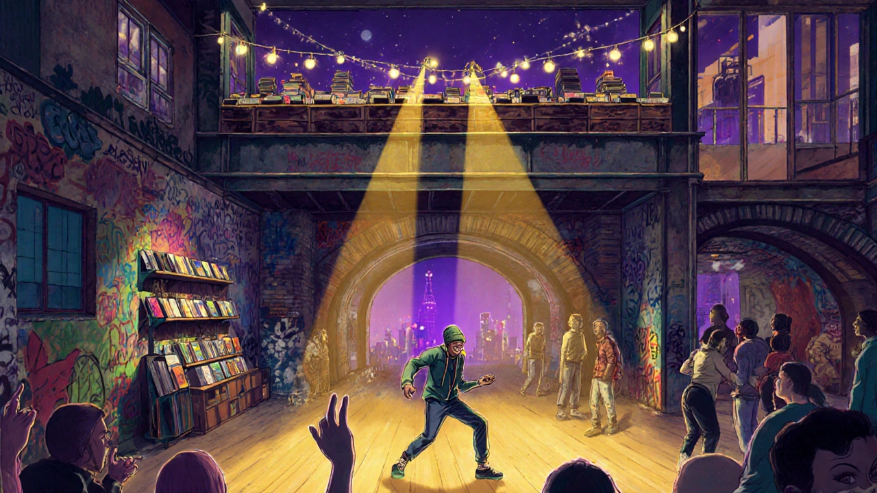 Vibrant multi-level warehouse party in Peckham with rooftop bar, vinyl shops, and diverse crowd under neon glow.