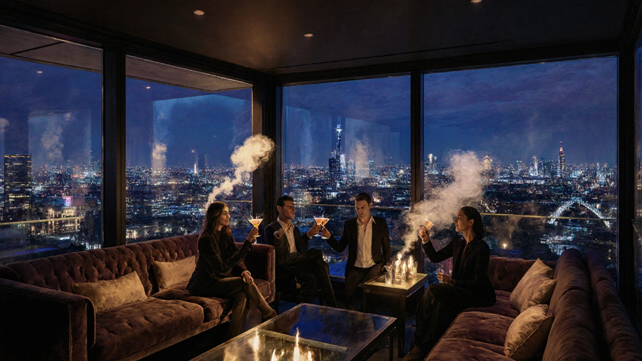 VIP guests on the rooftop terrace of Metropolis London, overlooking Soho&#039;s night skyline.
