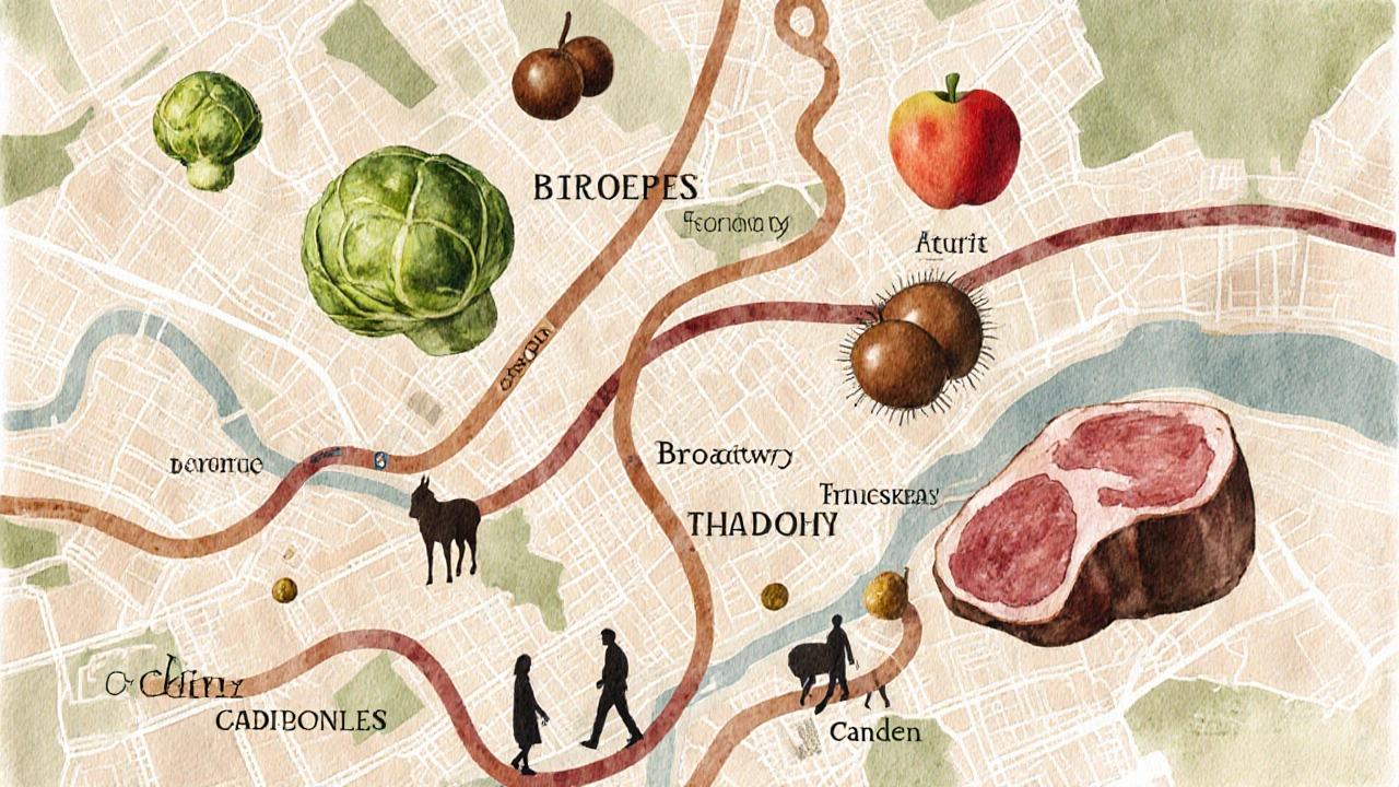 Watercolor map of London markets connected by seasonal foods like chestnuts, sprouts, and apples in autumn tones.