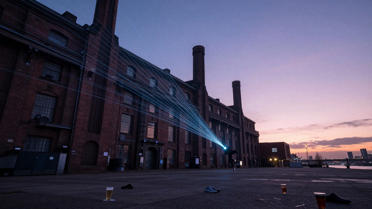 A lone dancer leaps in a massive warehouse as dawn light breaks over the Thames.