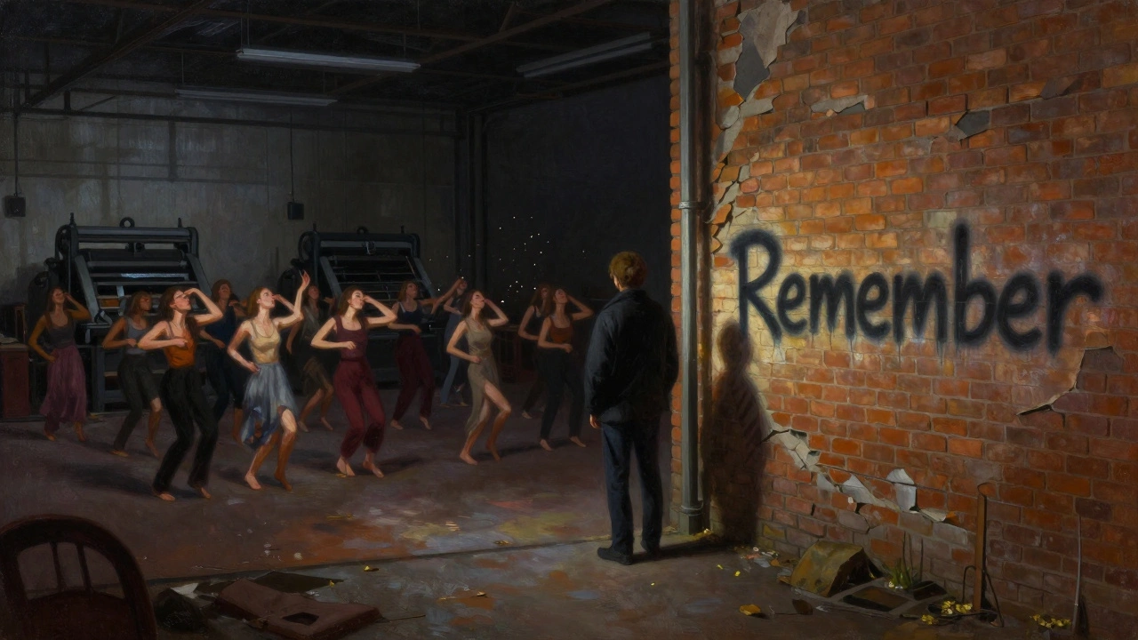 A solitary person standing before a spray-painted &#039;Remember&#039; on a wall, surrounded by silent dancers in the dim glow of a closing club.