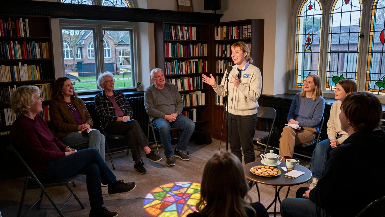 Audience laughing in a library upstairs room during a comedy and coffee night in Brixton.