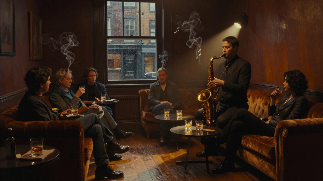 Calm jazz lounge with warm lighting, patrons sipping whiskey, and soft smoke swirling to music.