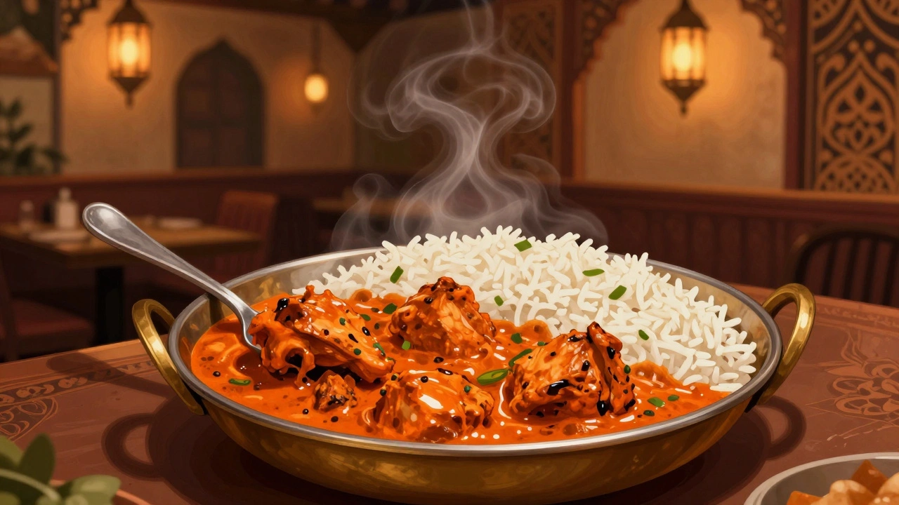 Chicken Tikka Masala in a creamy sauce with rice, served in a warm, lantern-lit Indian restaurant.
