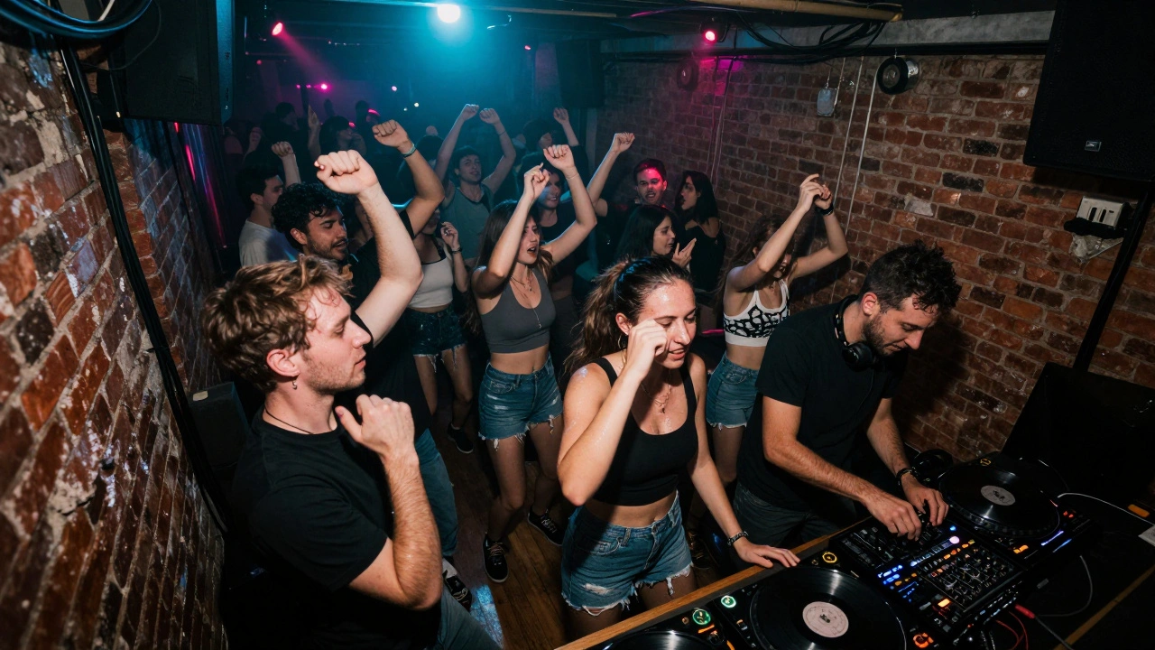 Diverse crowd dancing in a dim underground club with pulsing lights and exposed brick walls.