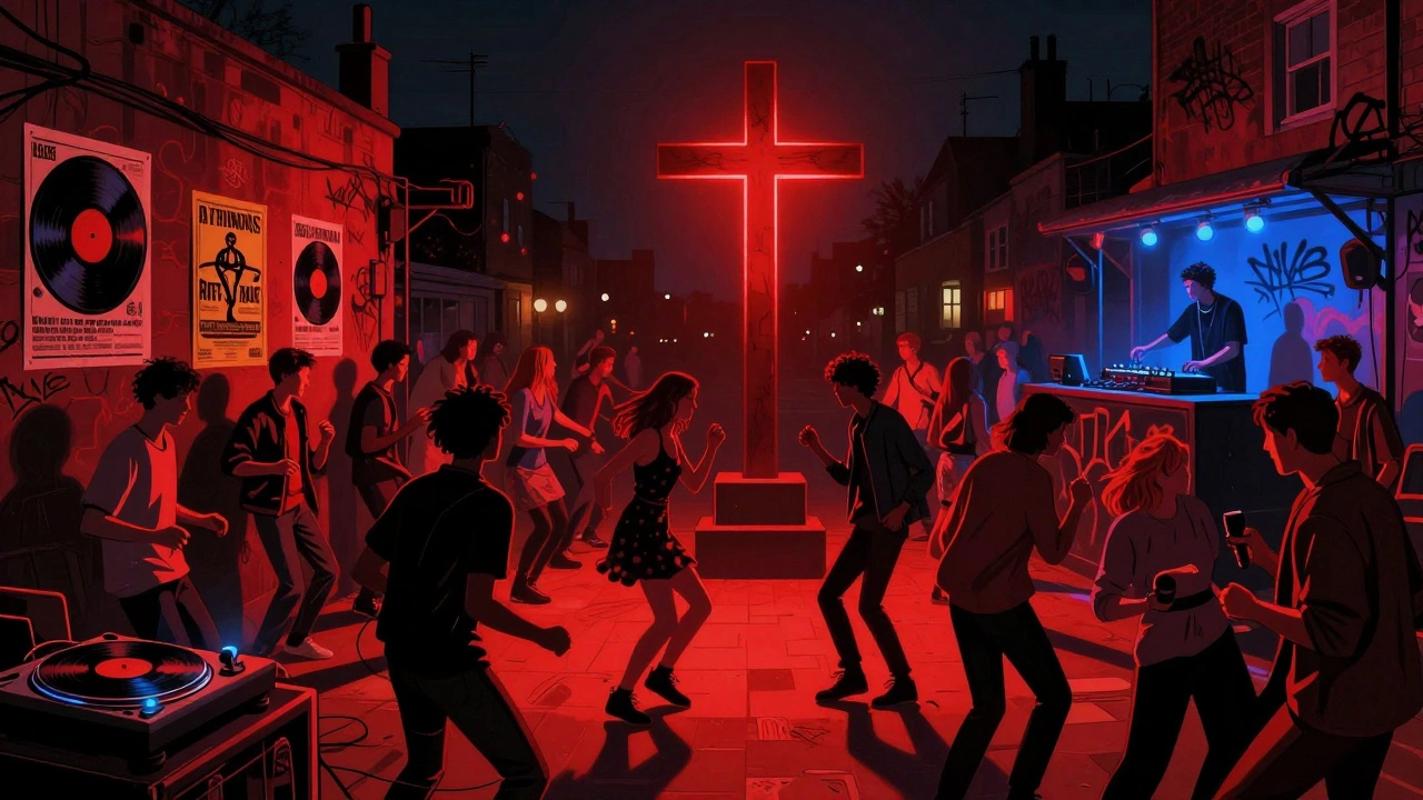 Diverse crowd dancing wildly in a dimly lit Camden club with vintage rave vibes.