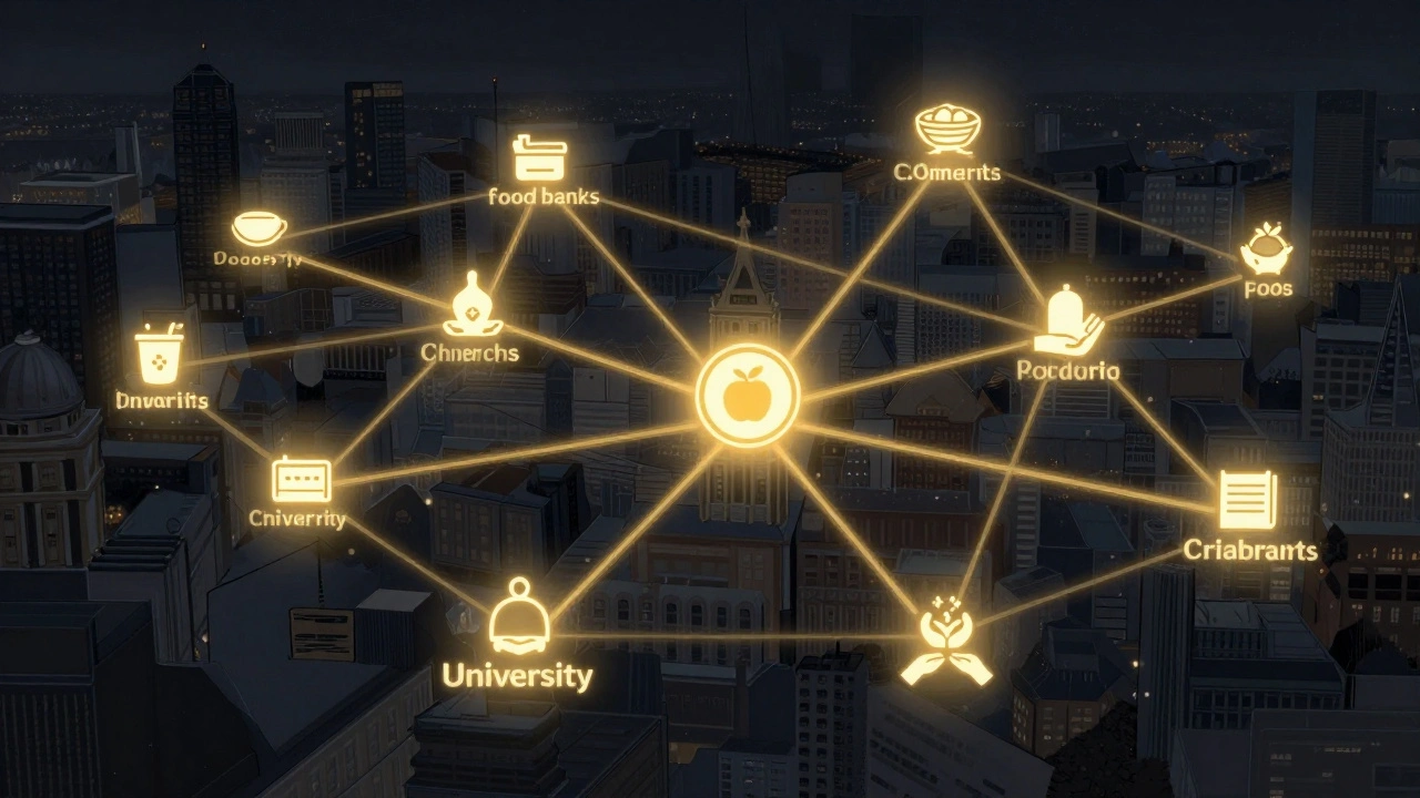 Glowing network connecting food distribution points across London in symbolic map form.