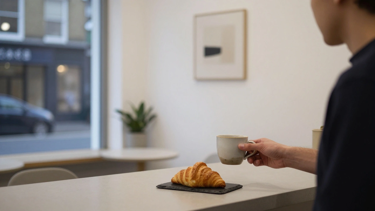 Minimalist Scandinavian-style cafe with a barista serving a mug and croissant, soft city lights visible through large windows.