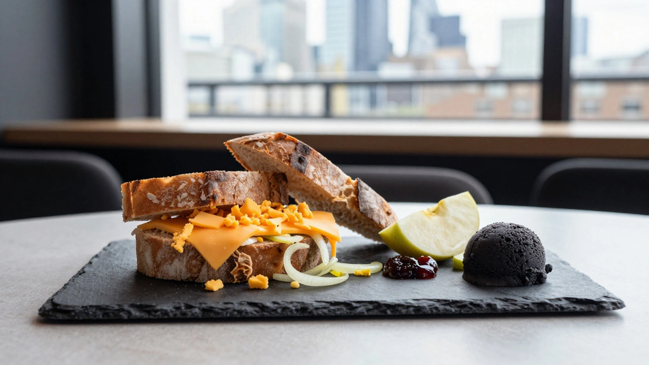 Modern Ploughman’s Lunch with aged cheese, pickled onions, bread, and black pudding ice cream on a slate board.