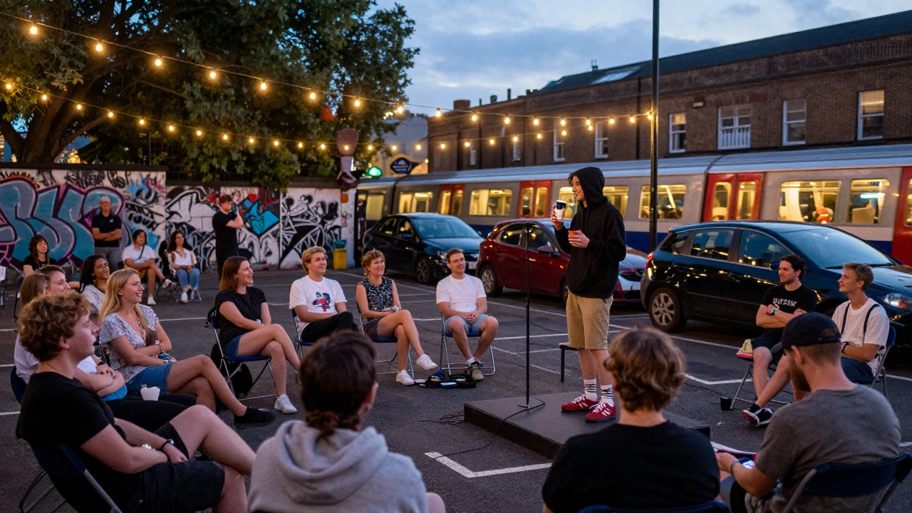 People enjoying an outdoor comedy show under string lights in a Hackney car park at dusk.