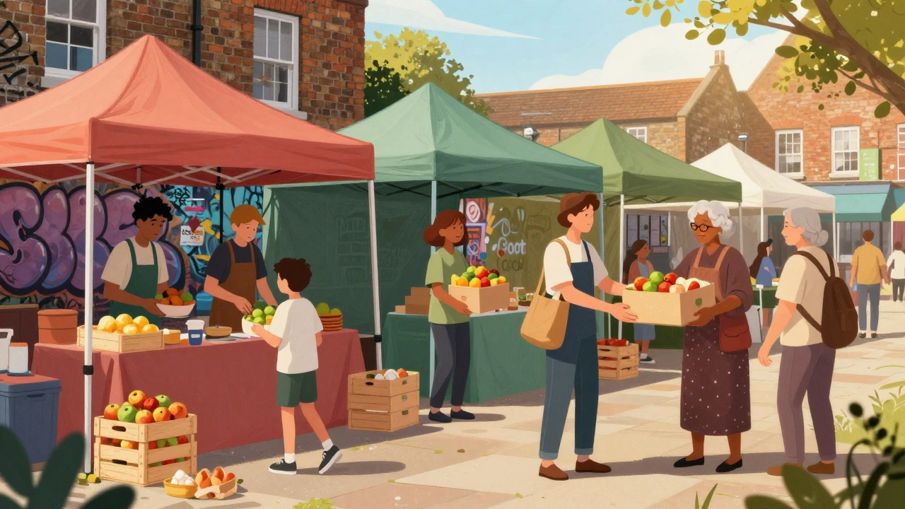 People receiving fresh food at a colorful pop-up event in Peckham Rye, London.