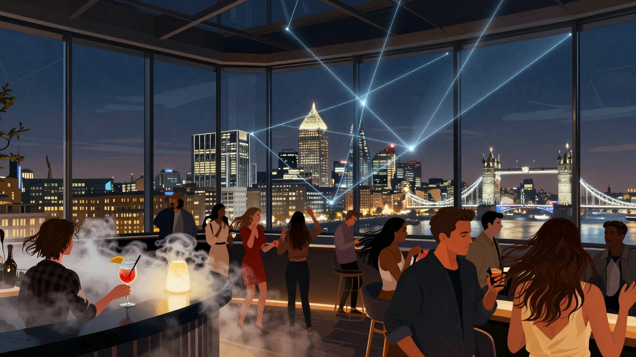 Rooftop club with panoramic city views, lasers, and a vibrant crowd under the night sky.