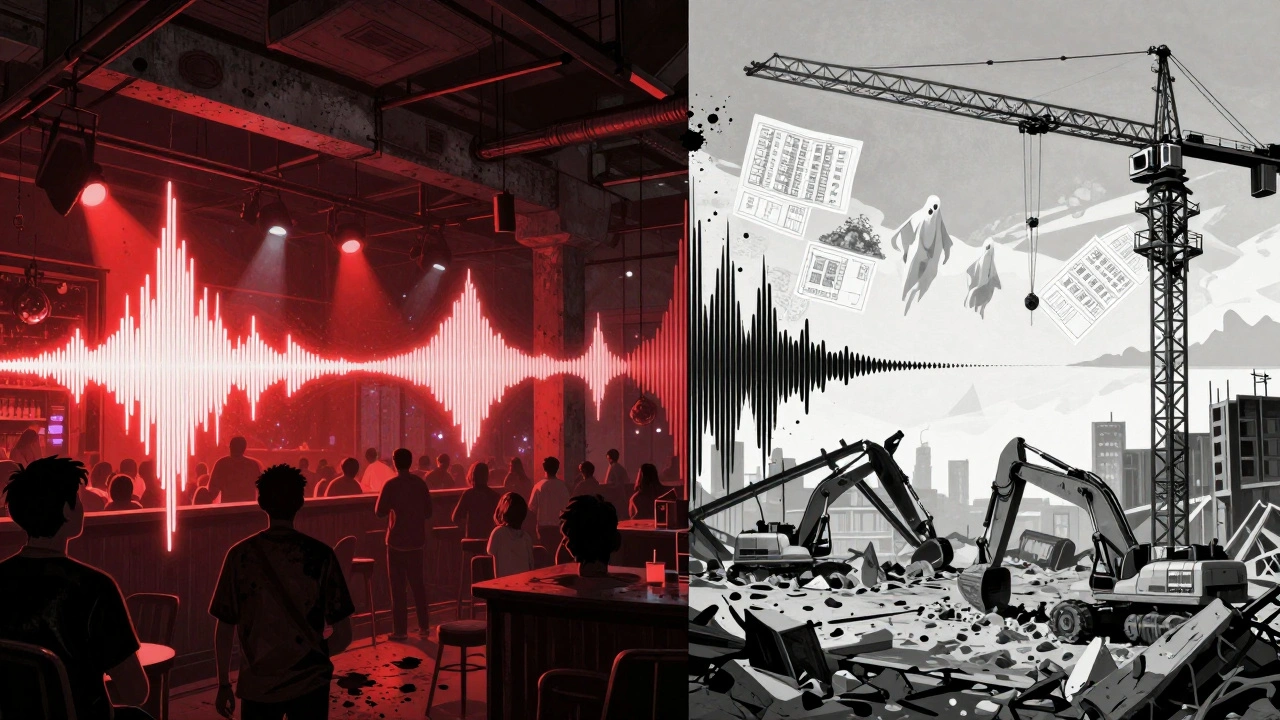Split image: vibrant club on one side, demolition on the other, connected by fading sound waves as luxury apartments loom above.